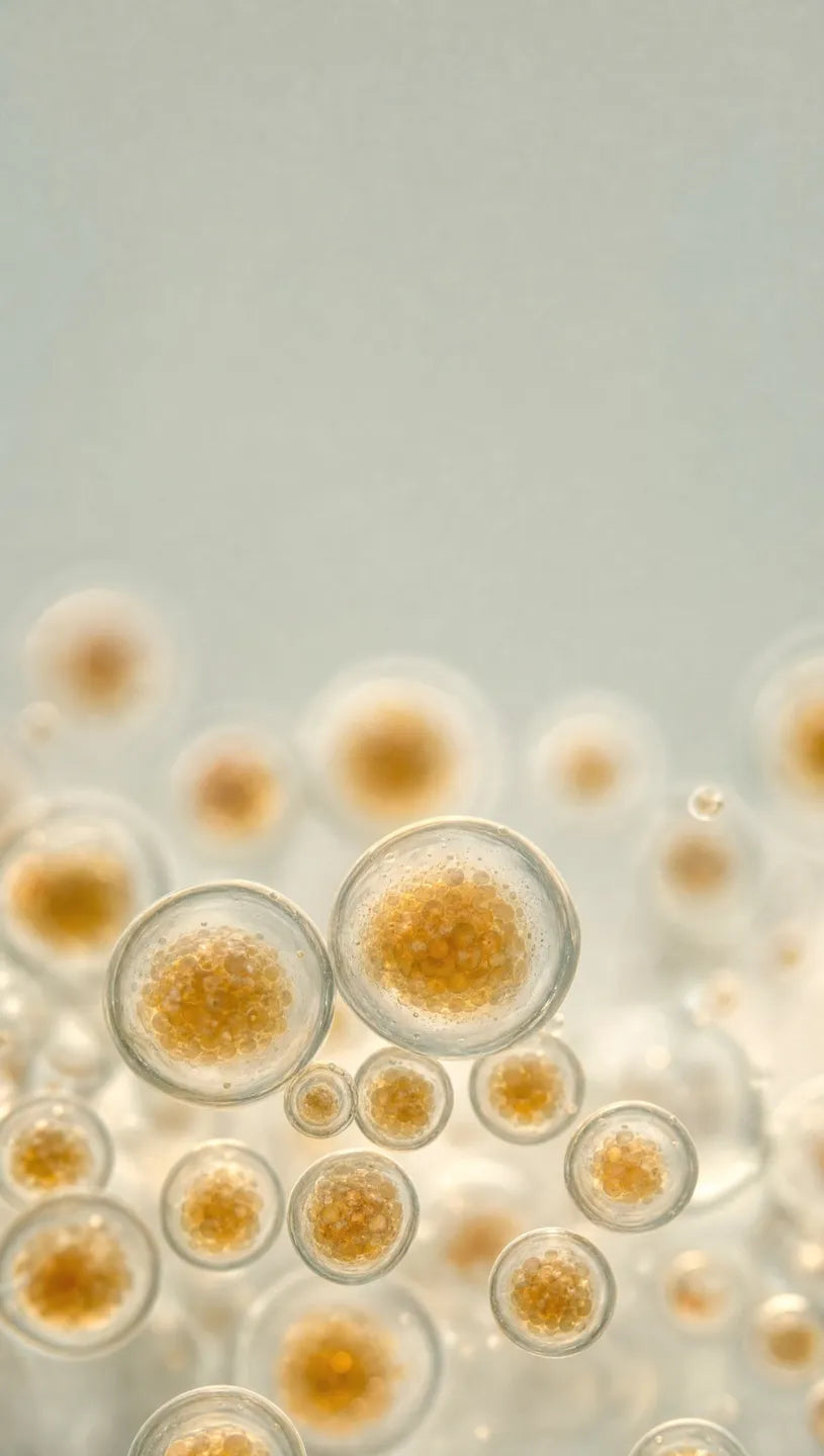 Des principes actifs de berbérine ambrés contenus dans des liposomes phospholipidiques translucides, sur un fond vert mousse profond