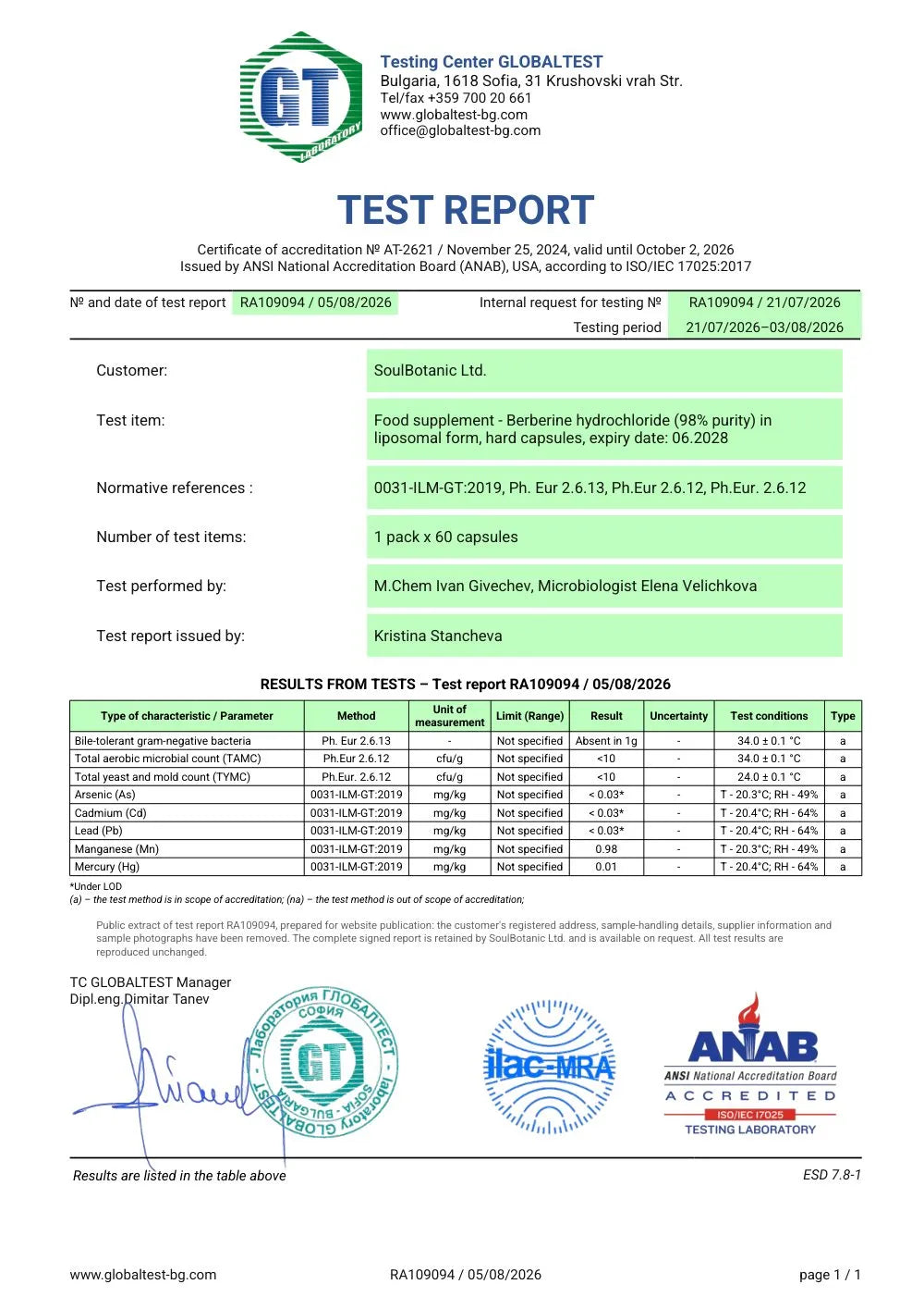 Page un du rapport d’essai RA109094