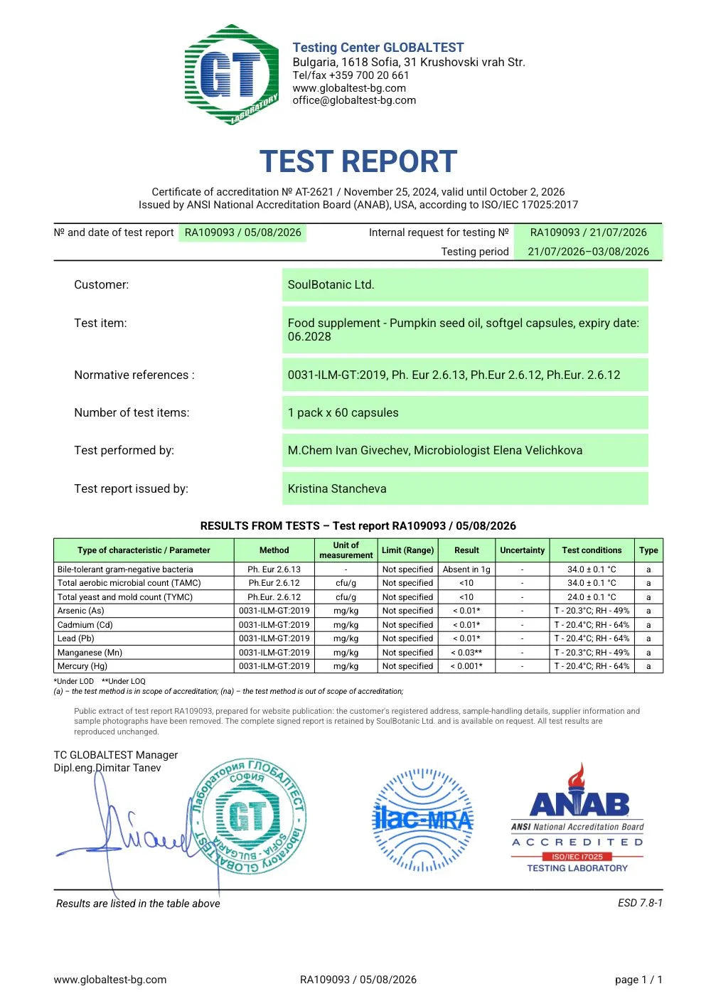 Page un du rapport d’essai RA109093