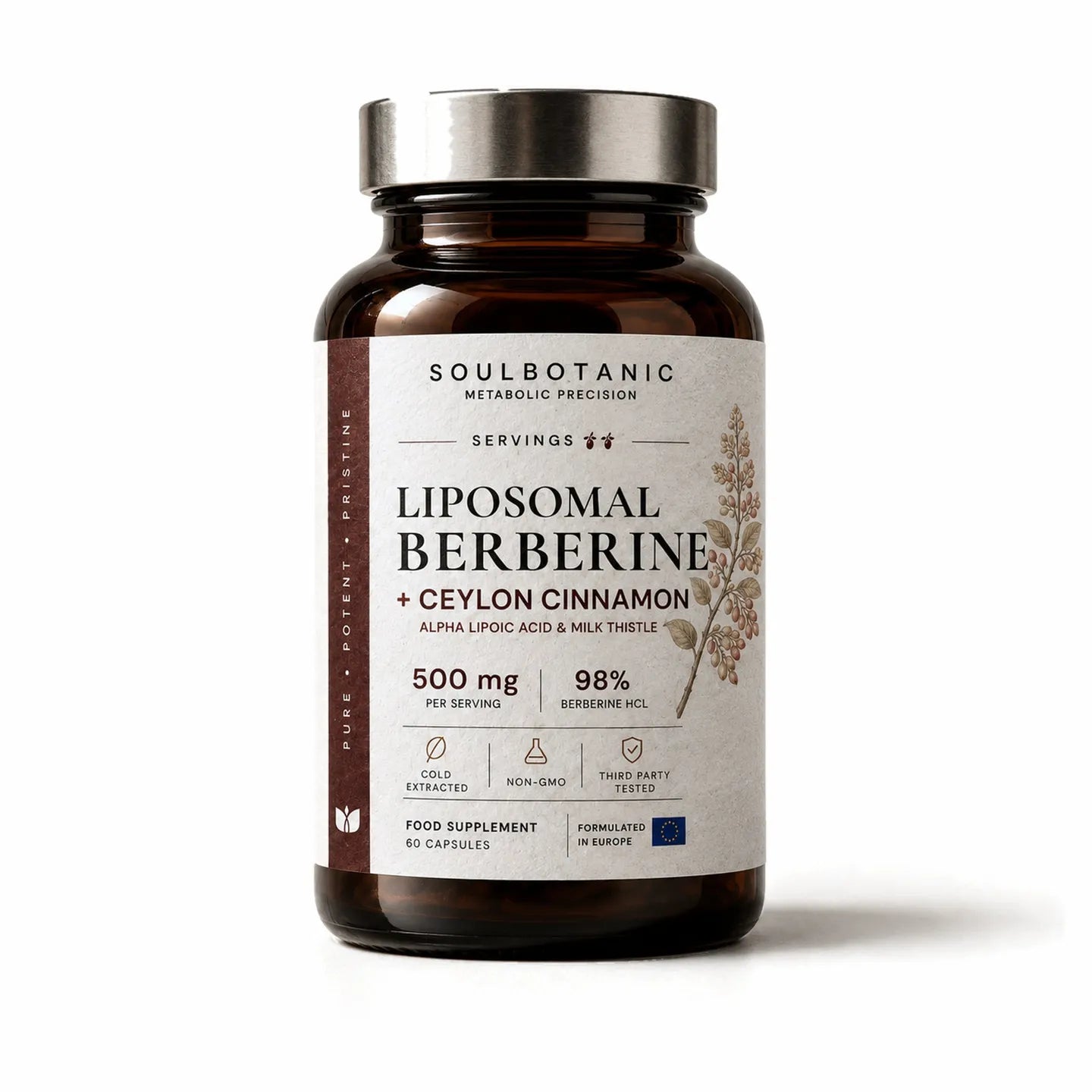 Flacon de Soulbotanic Berberine Liposomale posé sur un fond blanc uni en studio